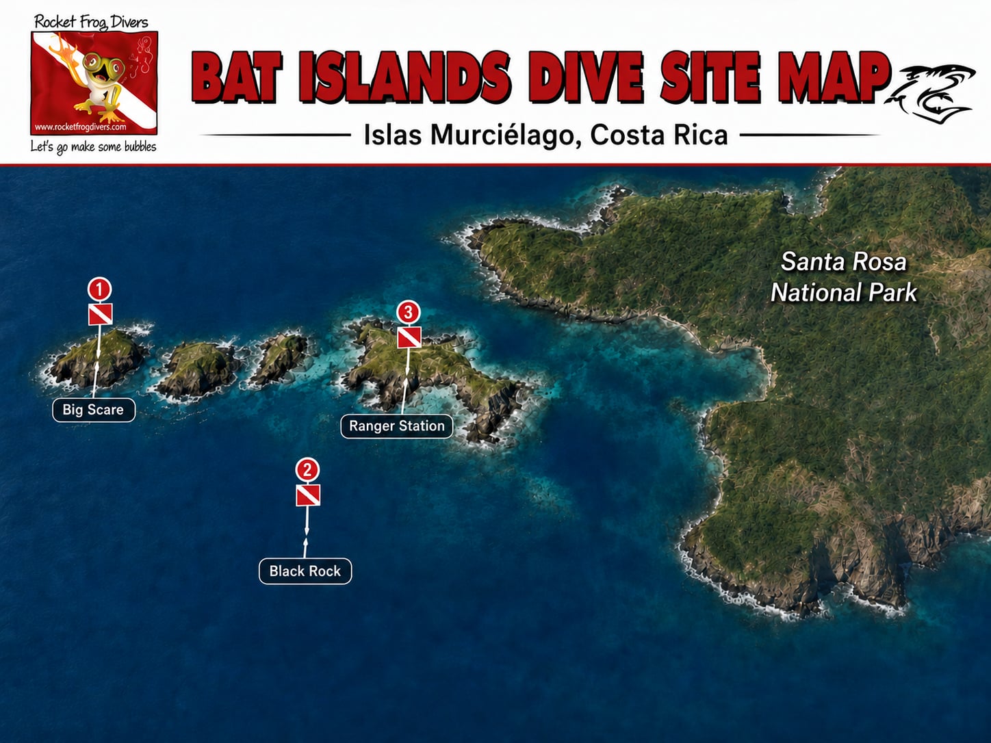 Map of the Bat Islands dive sites off Playa Flamingo, Costa Rica