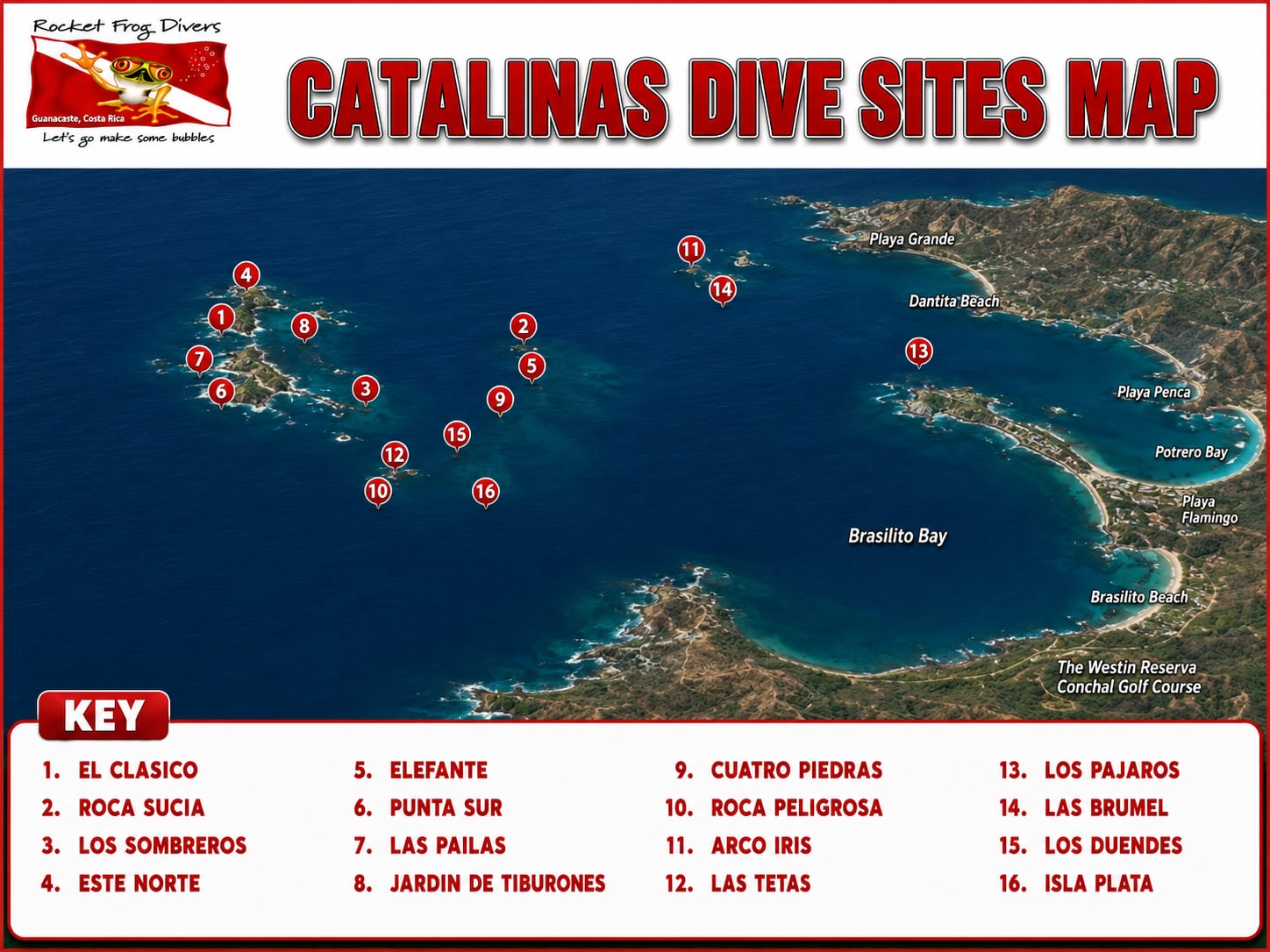 Map of the Catalina Islands dive sites near Playa Flamingo, Costa Rica
