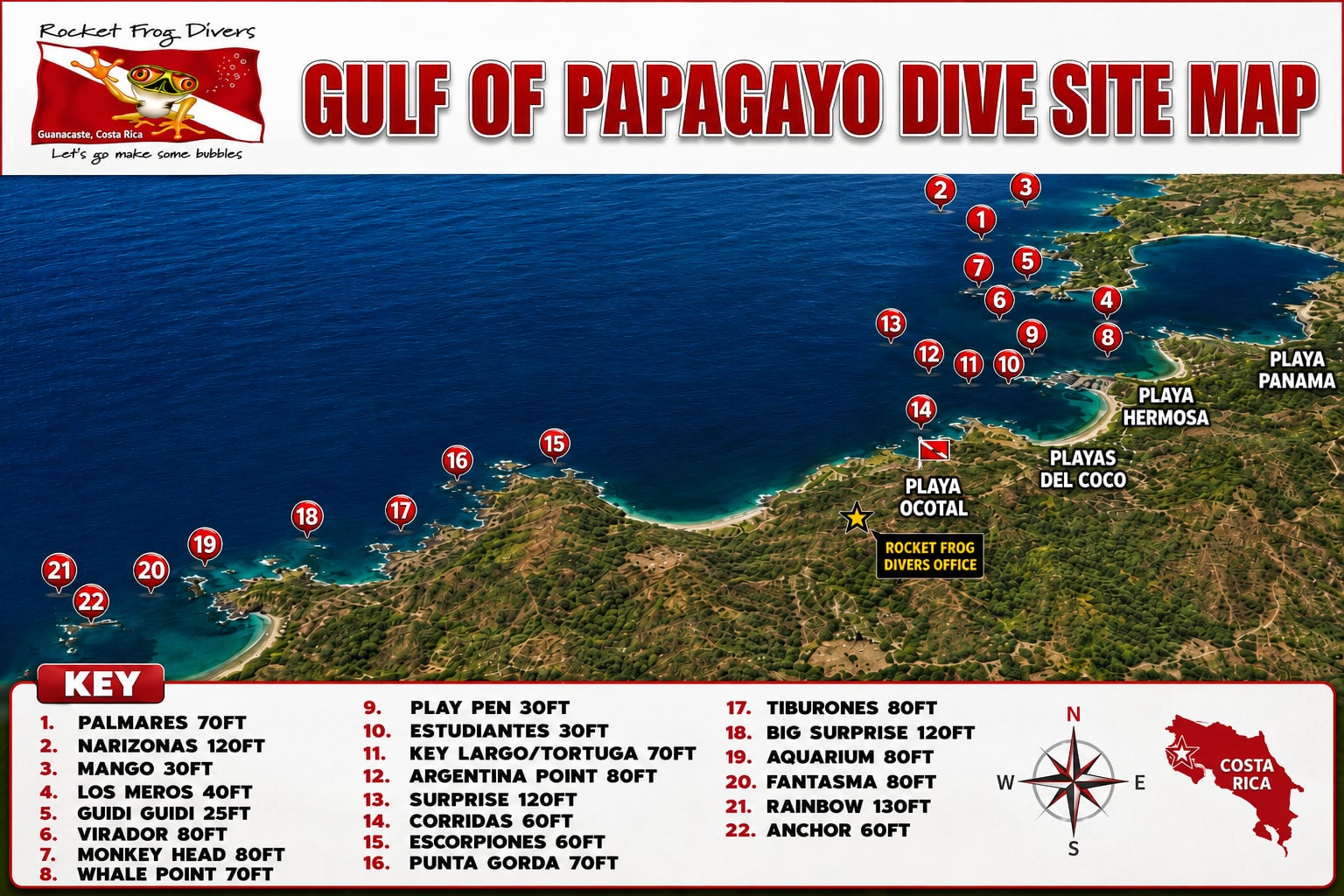 Map of Gulf de Papagayo local dive sites near Playa Flamingo, Costa Rica